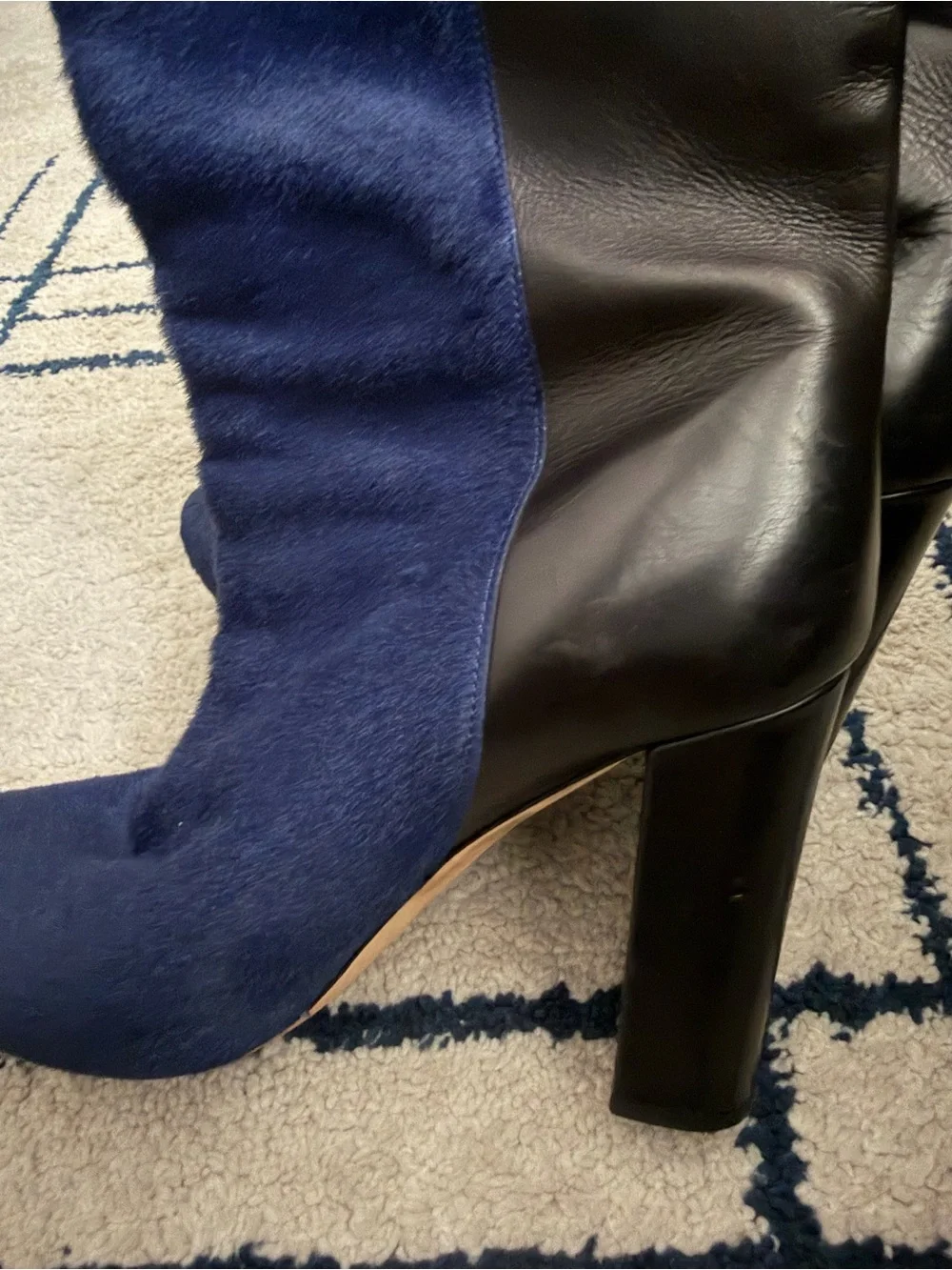 Rare J. Crew Navy calf hair and Black leather Knee-High Block Heel Boots